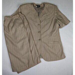 Vintage 80s 90s Women's Skirt Suit Beige Pinstripe Short Sleeve Amber Stone